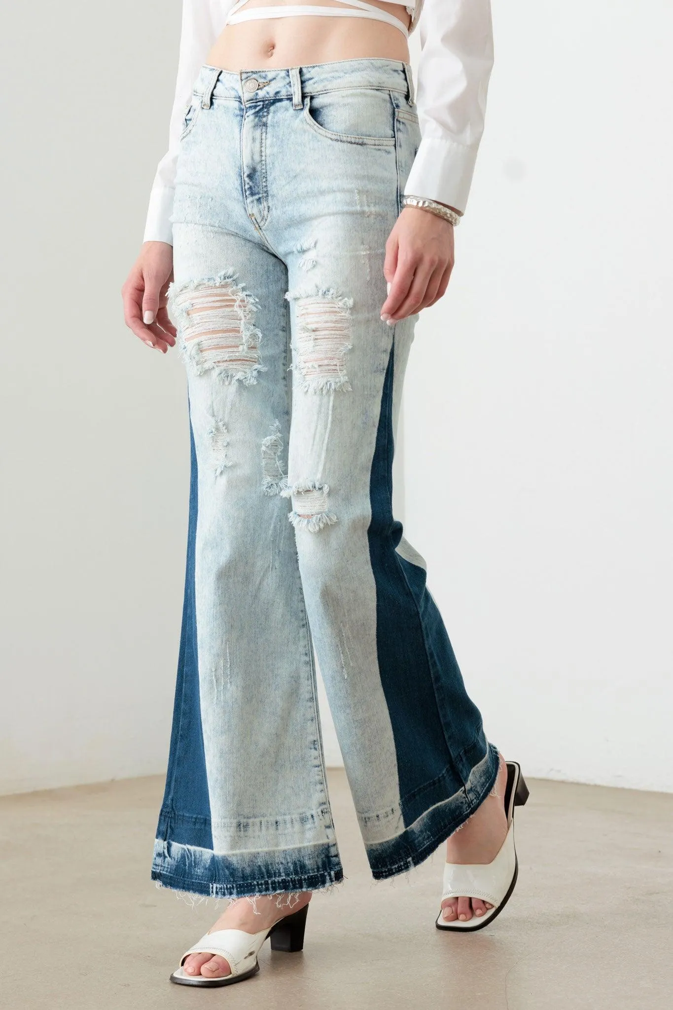 Tow Color Acid Wash Flare Denim Jeans