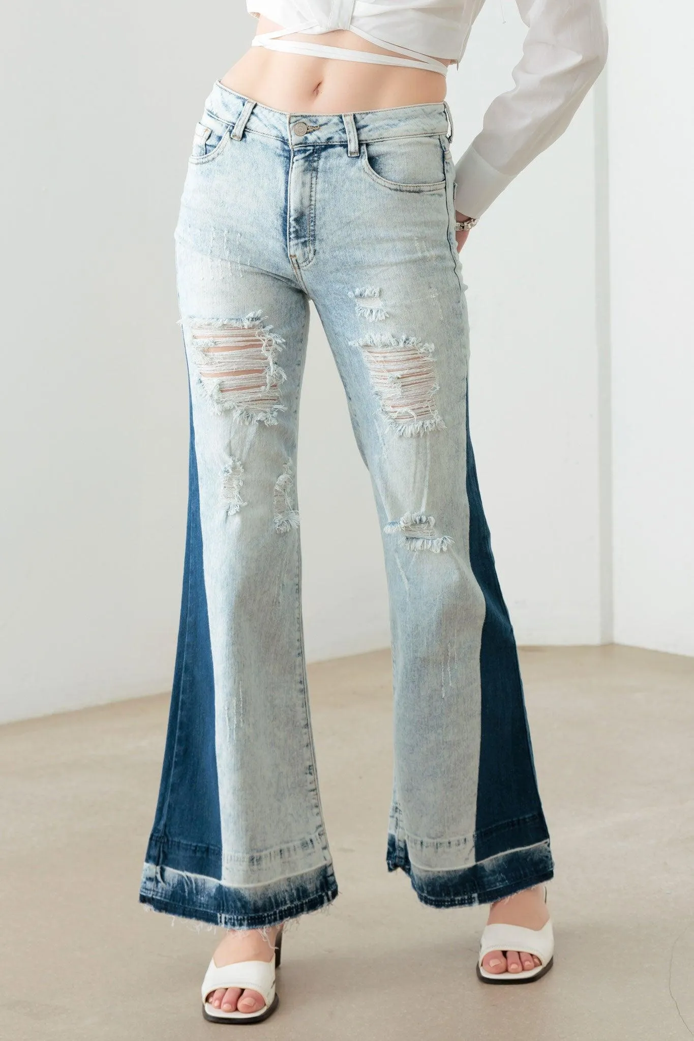 Tow Color Acid Wash Flare Denim Jeans