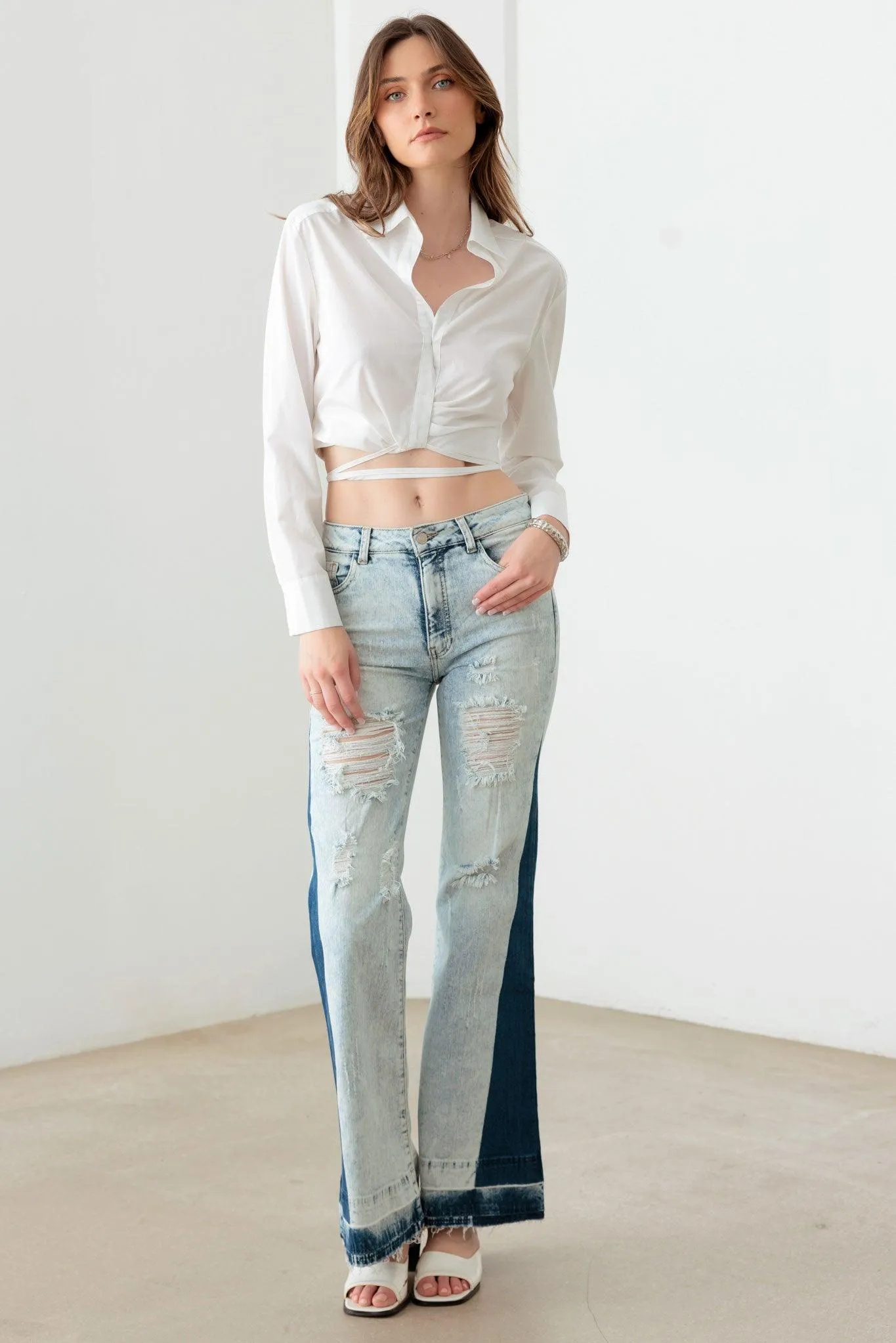 Tow Color Acid Wash Flare Denim Jeans