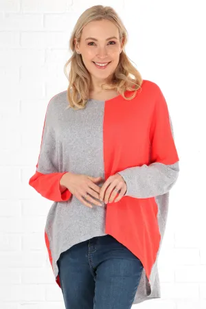 V-Neck Lightweight Cotton Jumper Two Tone Light Grey and Coral