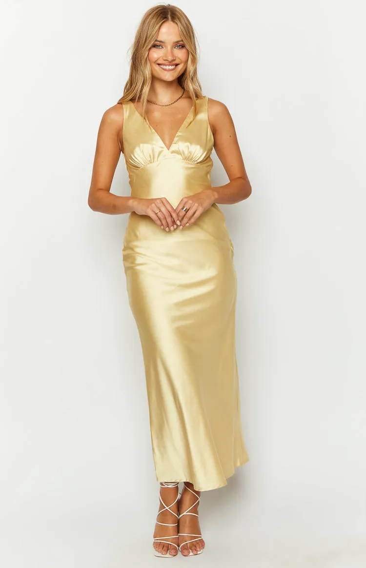 Verlaine Yellow Satin Maxi Dress