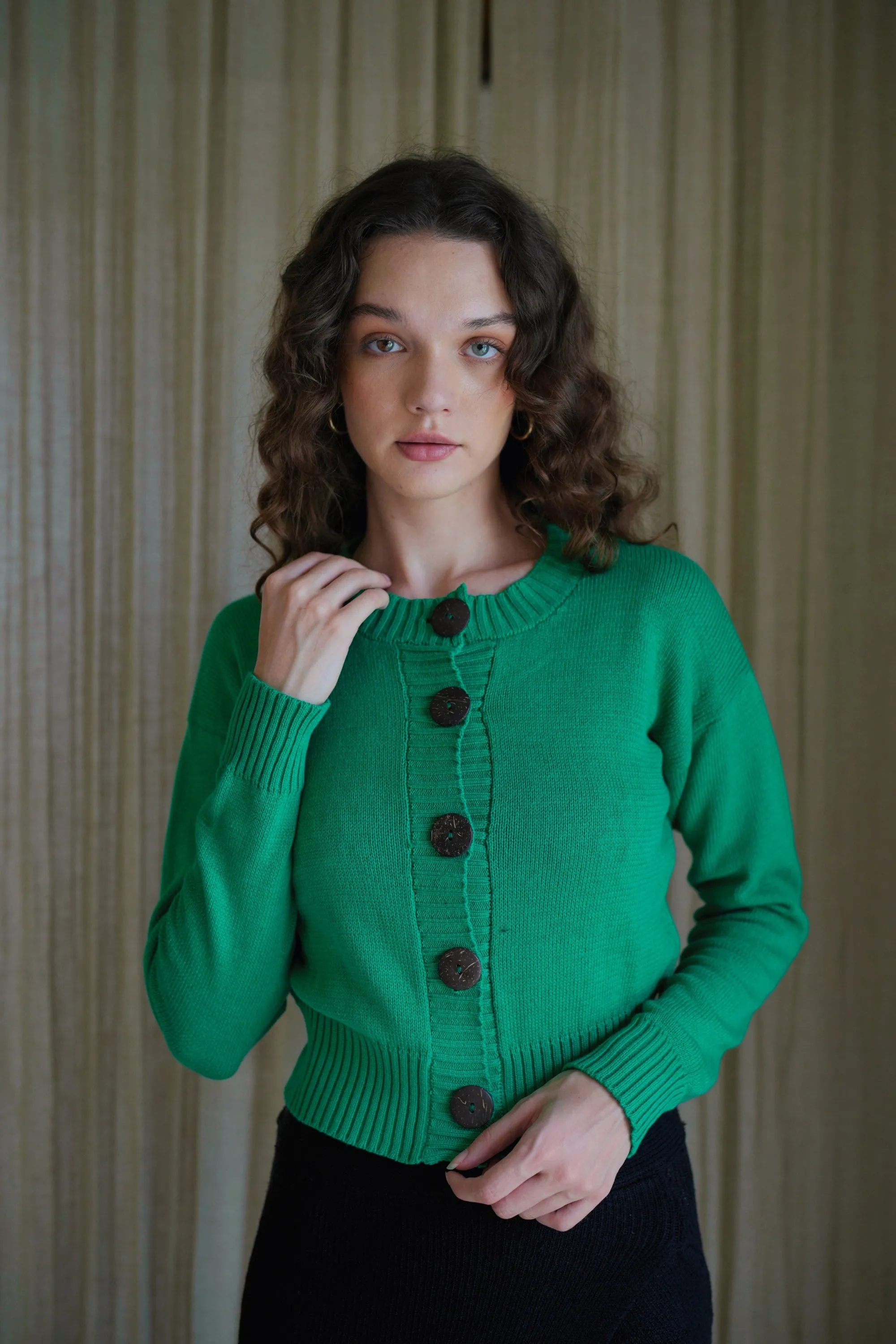 Victoria Coconut Button Cardigan in Forest Green