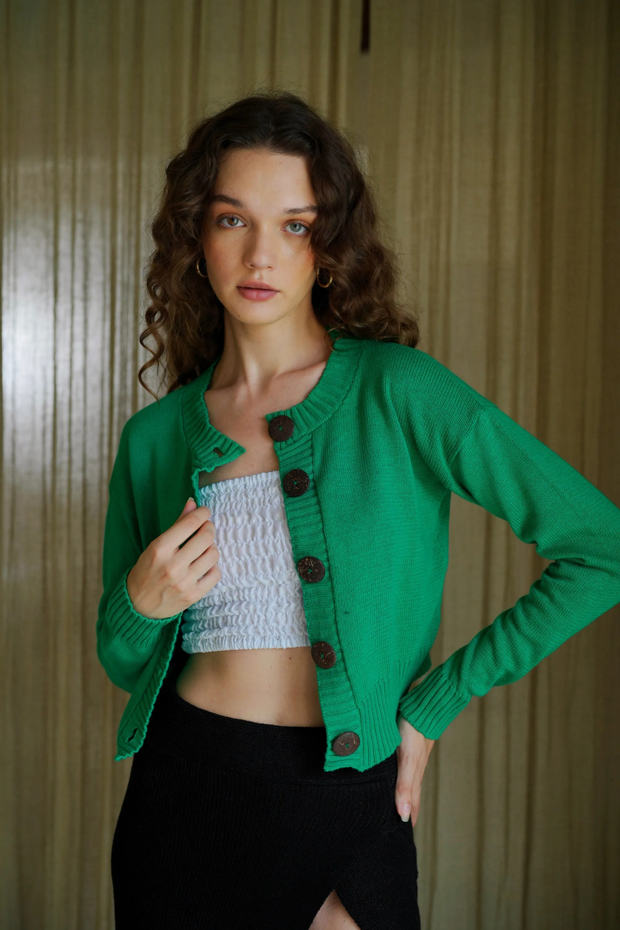 Victoria Coconut Button Cardigan in Forest Green