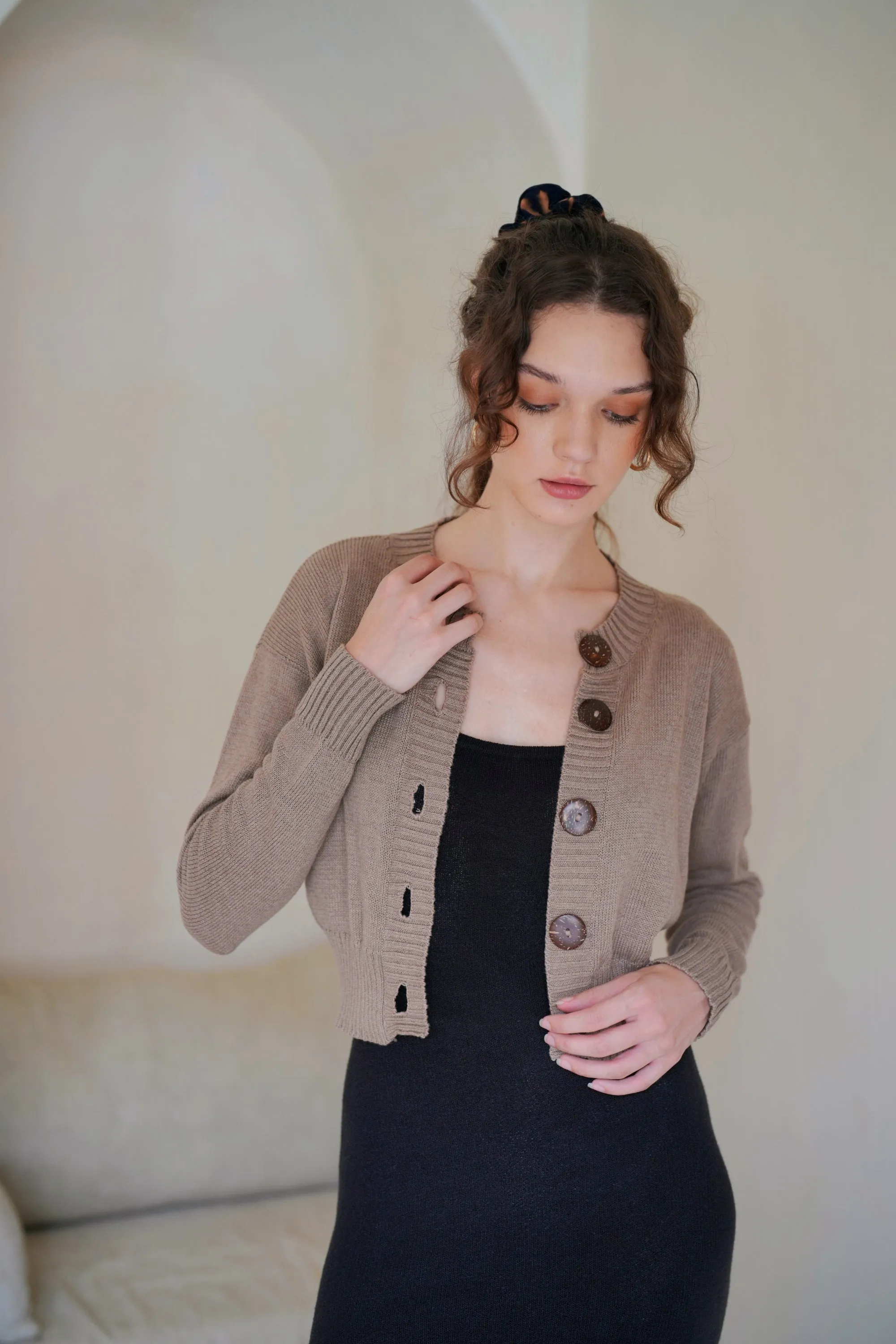 Victoria Coconut Button Cardigan in Khaki