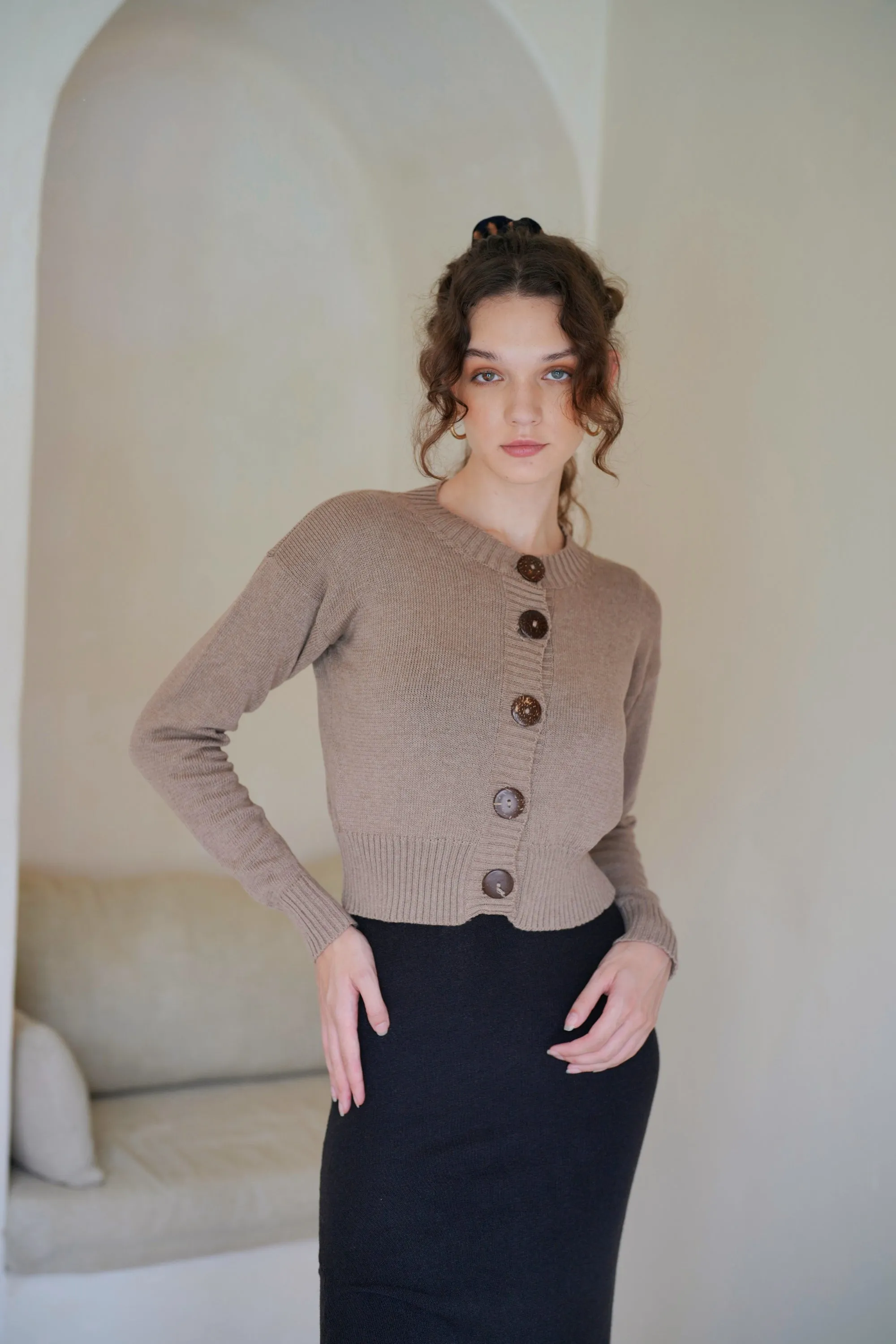 Victoria Coconut Button Cardigan in Khaki