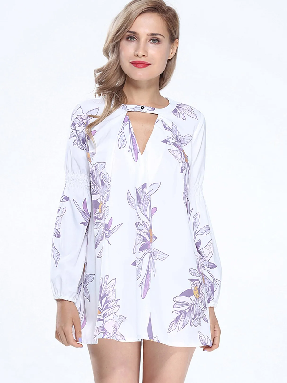 Wholesale Crew Neck Long Sleeve Floral Print Side Pockets Cut Out Shirt Dress