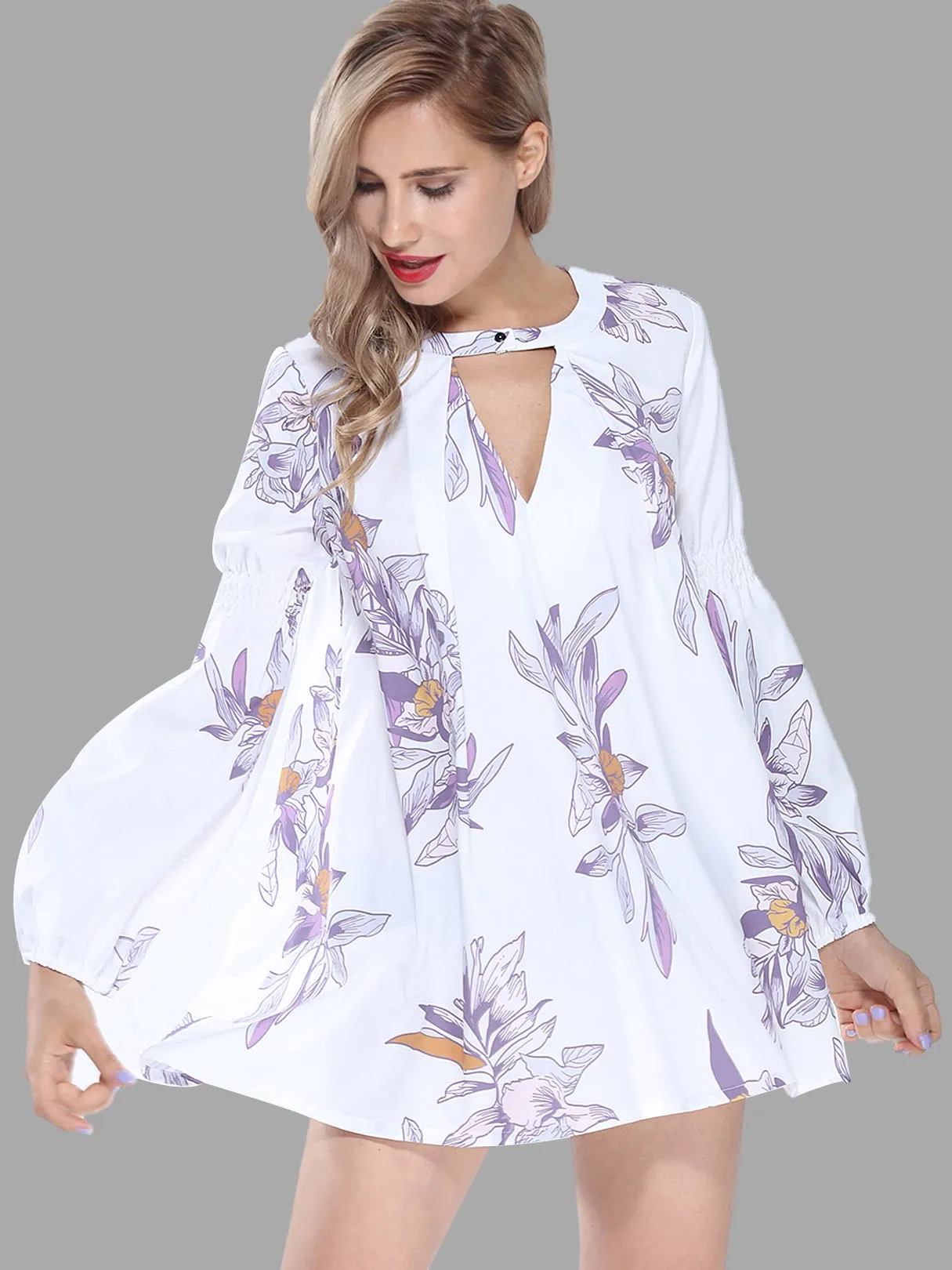 Wholesale Crew Neck Long Sleeve Floral Print Side Pockets Cut Out Shirt Dress