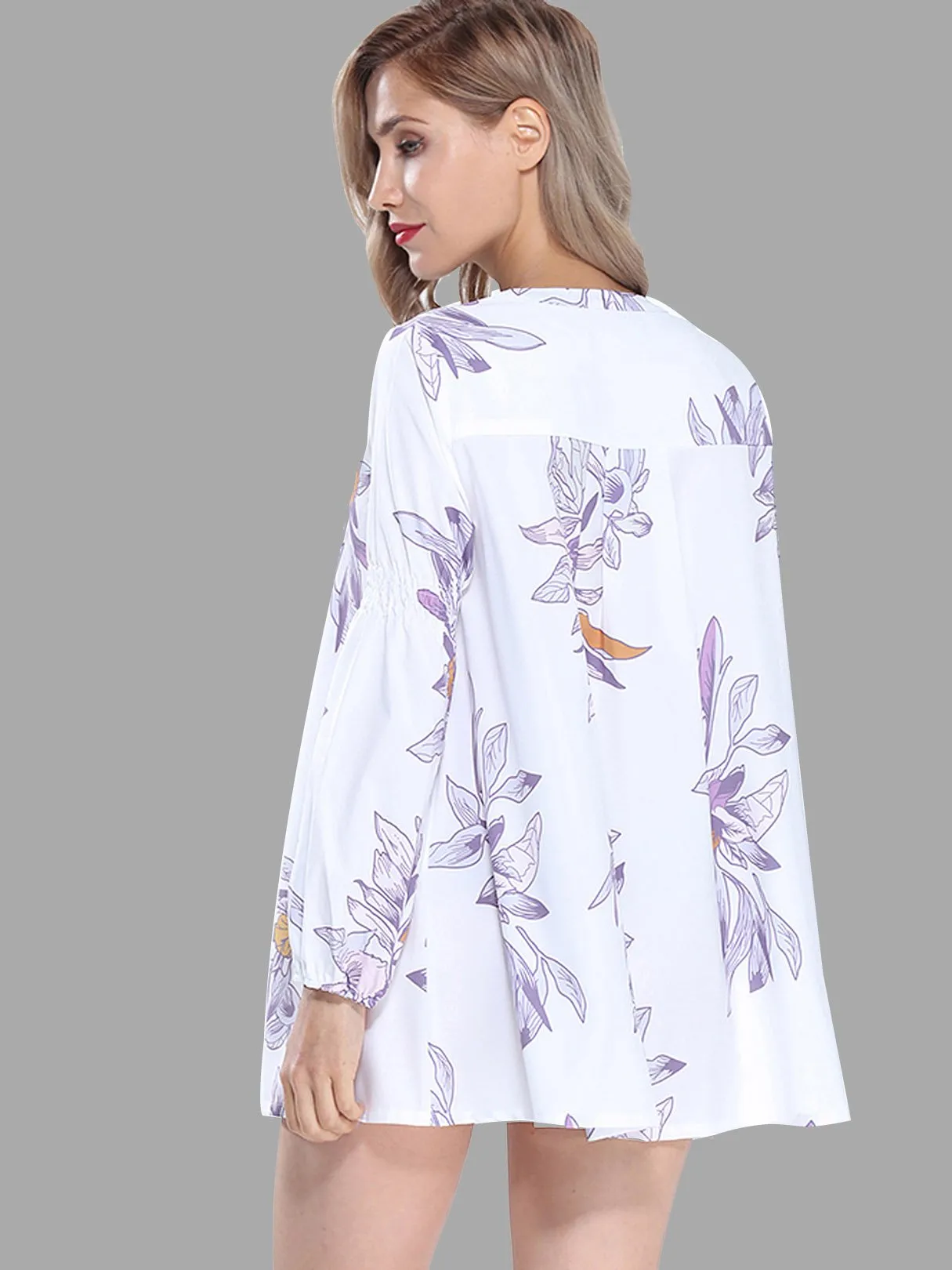 Wholesale Crew Neck Long Sleeve Floral Print Side Pockets Cut Out Shirt Dress