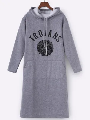 Wholesale Grey Pullover Long Sleeve Printed Hooded Shirt Dress