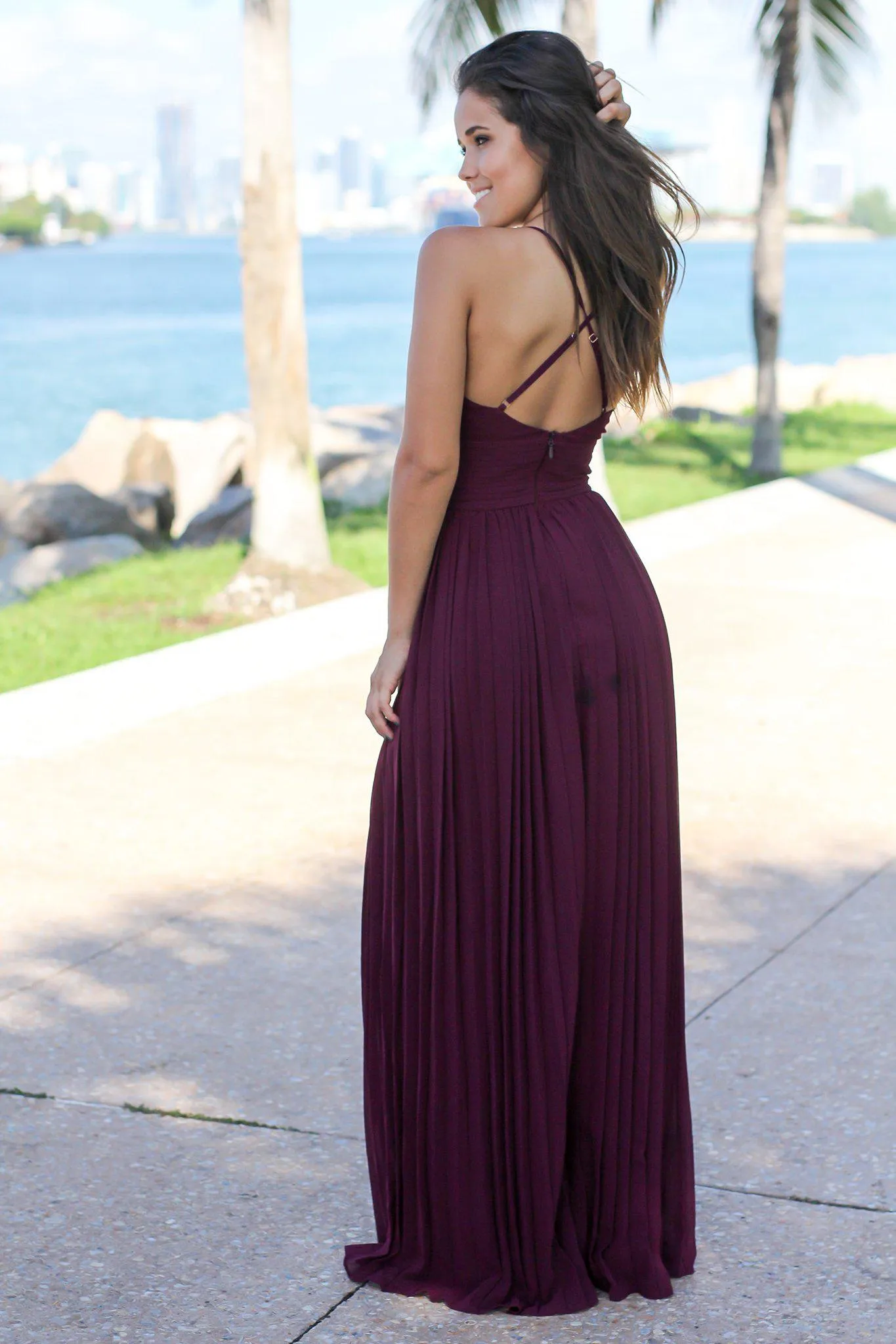 Wine Pleated Maxi Dress with Criss Cross Back