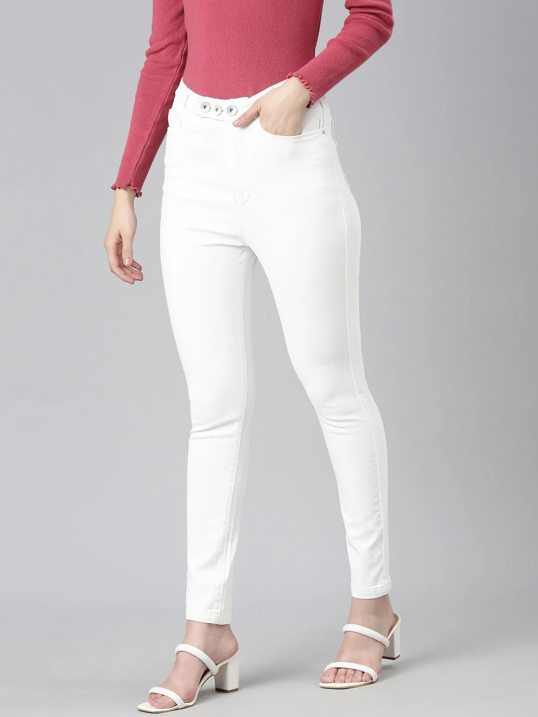 Women White Solid Skinny Fit Denim Jeans