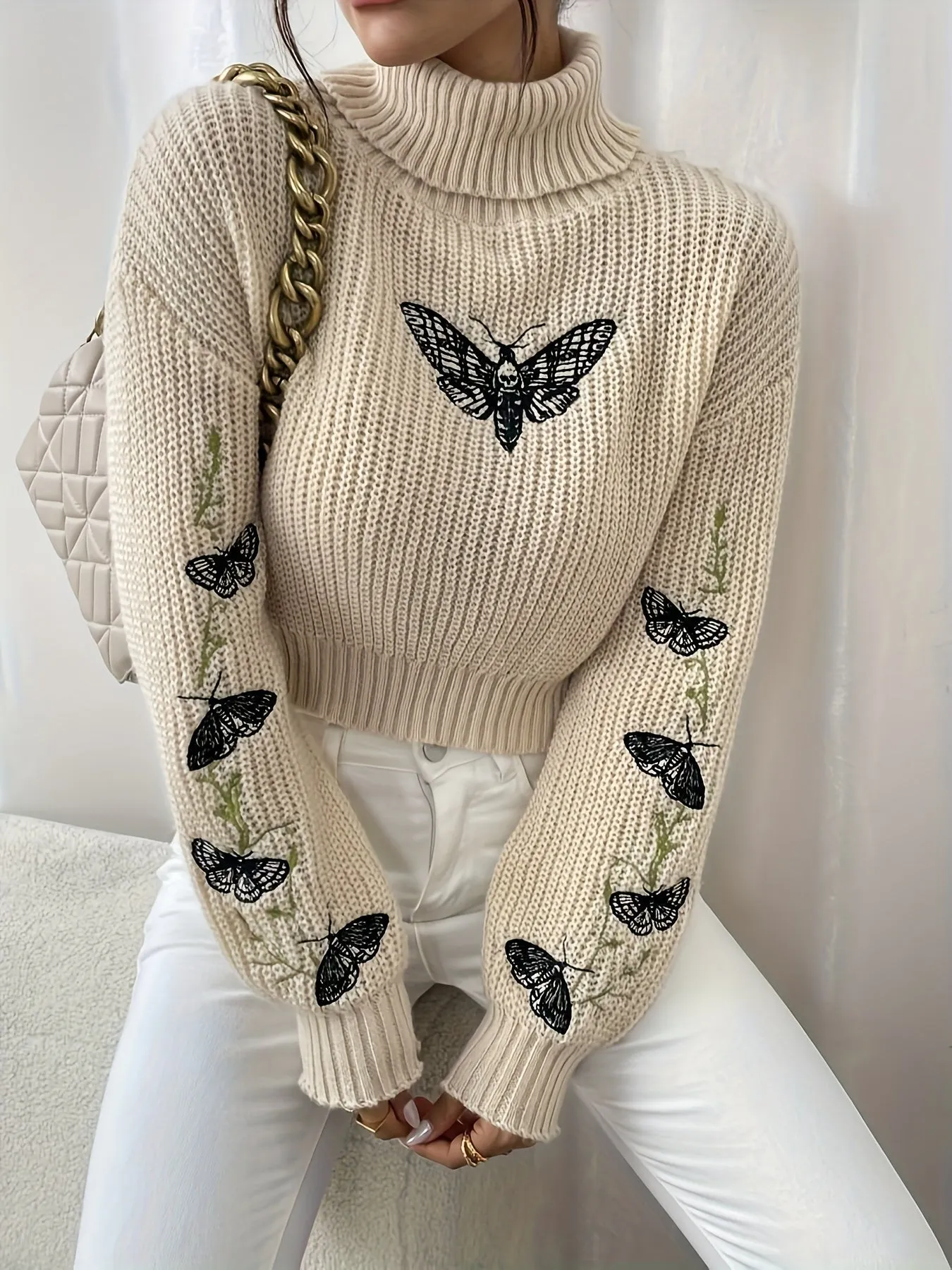 Women's Butterfly Pattern Turtleneck Knit Jumper | Ideal for Autumn/Winter