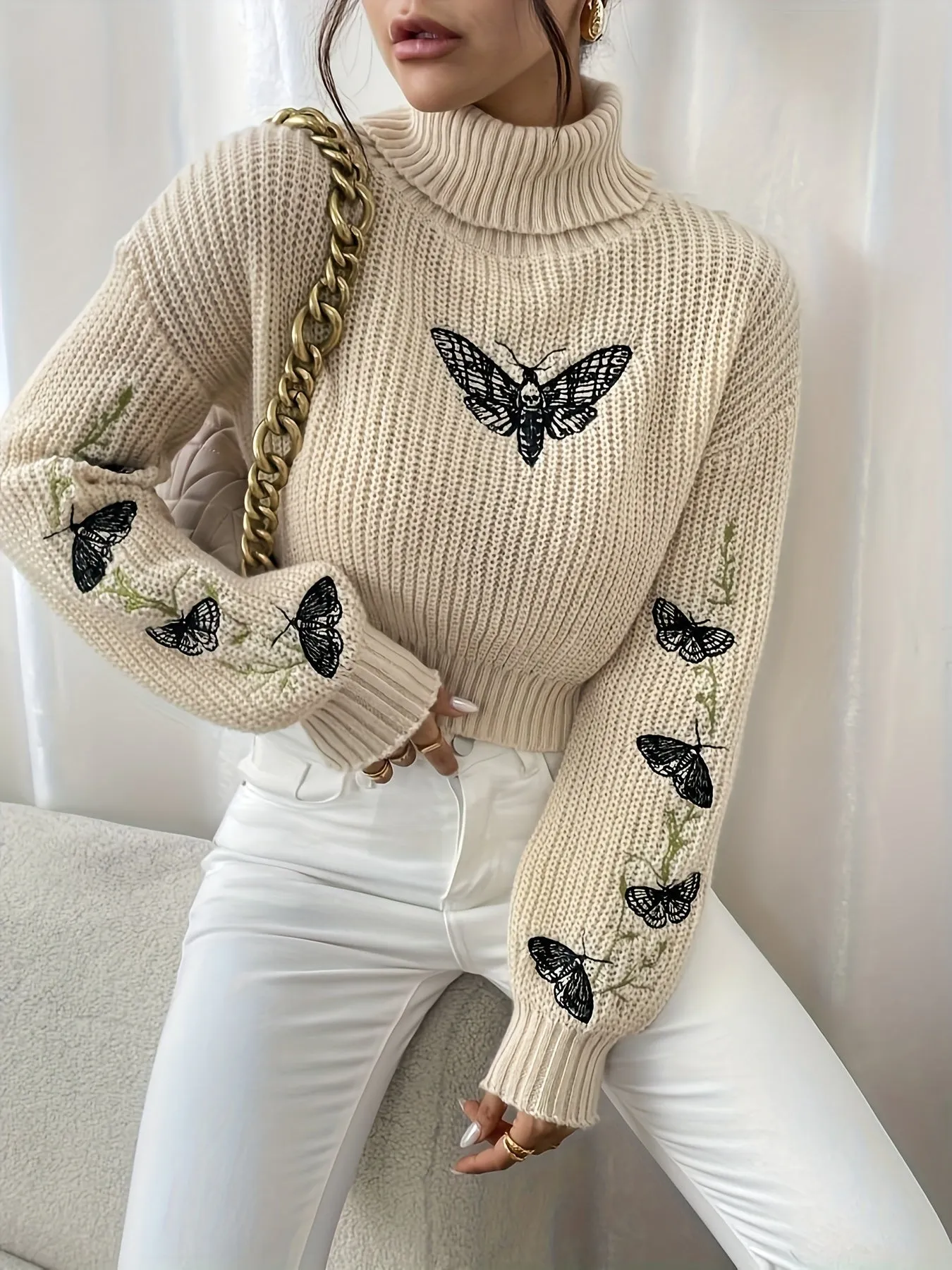 Women's Butterfly Pattern Turtleneck Knit Jumper | Ideal for Autumn/Winter