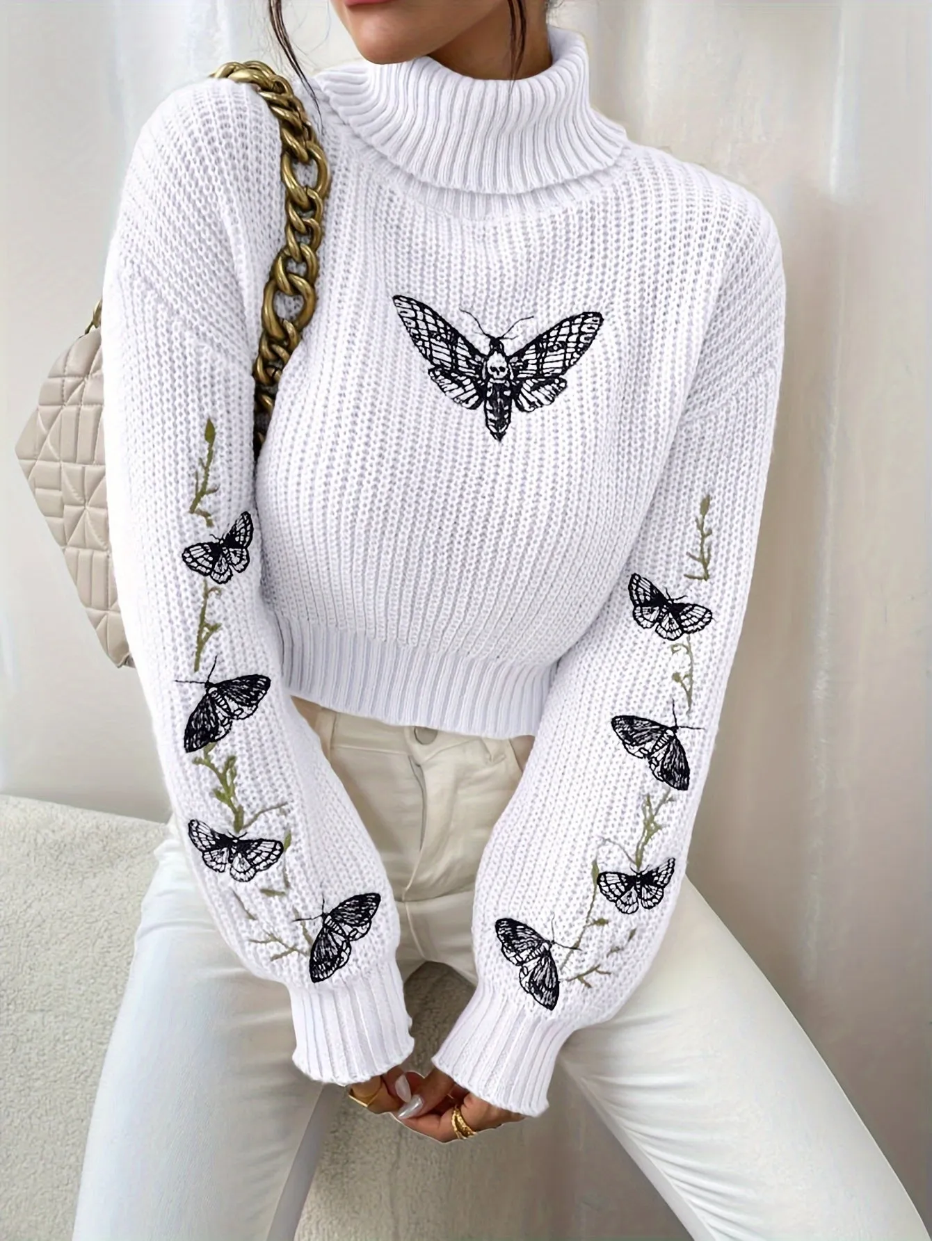 Women's Butterfly Pattern Turtleneck Knit Jumper | Ideal for Autumn/Winter