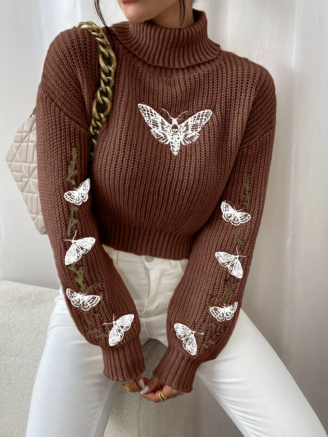 Women's Butterfly Pattern Turtleneck Knit Jumper | Ideal for Autumn/Winter