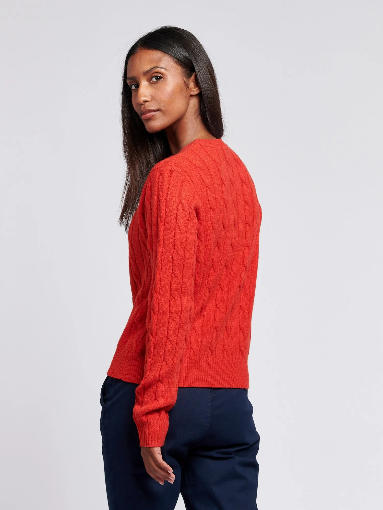 Womens Cable Knit Crew Neck Jumper in Aura Orange