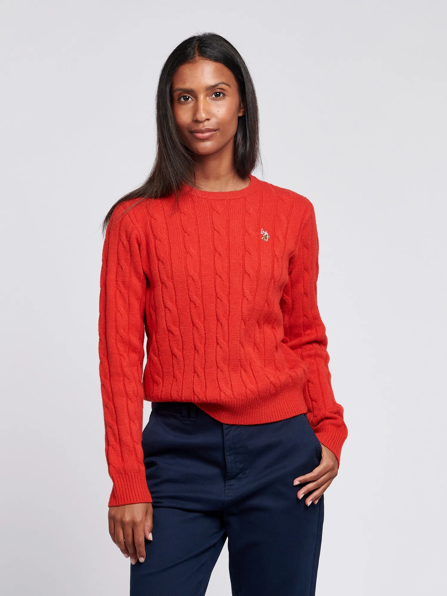 Womens Cable Knit Crew Neck Jumper in Aura Orange