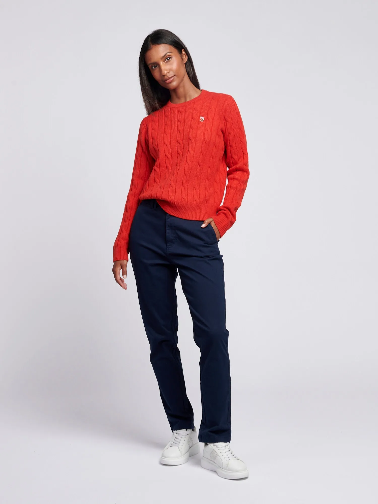 Womens Cable Knit Crew Neck Jumper in Aura Orange