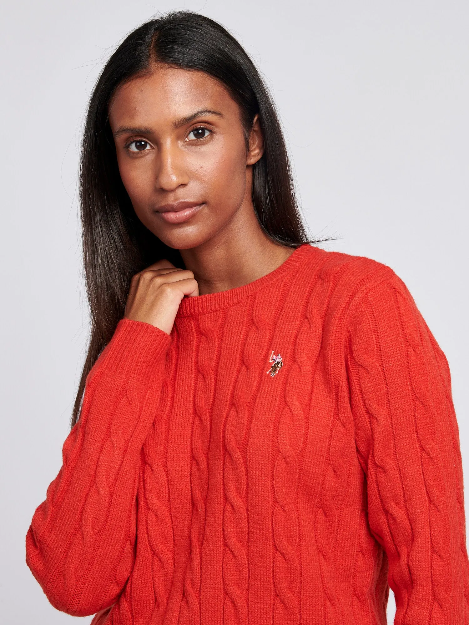 Womens Cable Knit Crew Neck Jumper in Aura Orange