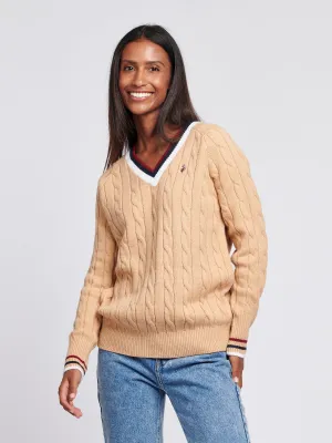 Womens Cable Knit Cricket Jumper in Cuban Sand