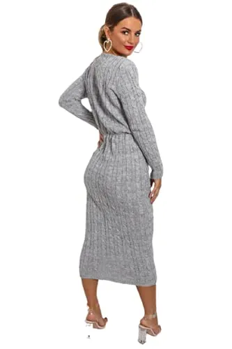 Womens Cable Knitted Jumper Dress Ladies Pocket Tie up Long Midi Winter Warm Top