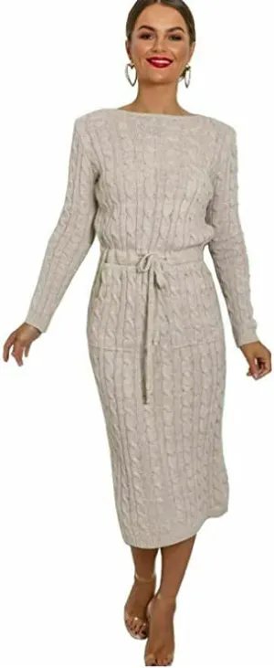 Womens Cable Knitted Jumper Dress Ladies Pocket Tie up Long Midi Winter Warm Top