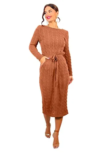 Womens Cable Knitted Jumper Dress Ladies Pocket Tie up Long Midi Winter Warm Top