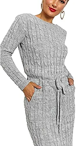 Womens Cable Knitted Jumper Dress Ladies Pocket Tie up Long Midi Winter Warm Top