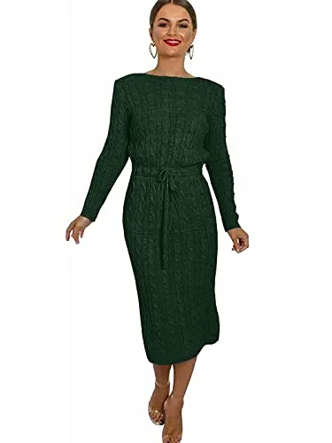 Womens Cable Knitted Jumper Dress Ladies Pocket Tie up Long Midi Winter Warm Top