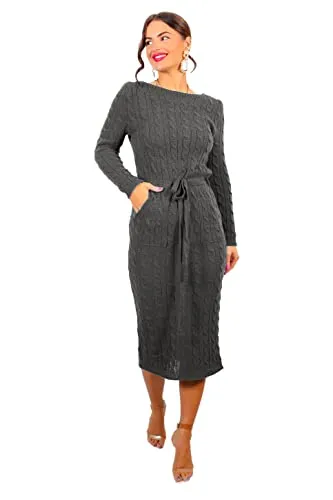 Womens Cable Knitted Jumper Dress Ladies Pocket Tie up Long Midi Winter Warm Top