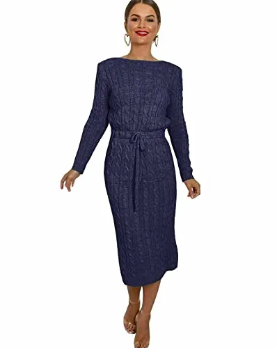 Womens Cable Knitted Jumper Dress Ladies Pocket Tie up Long Midi Winter Warm Top