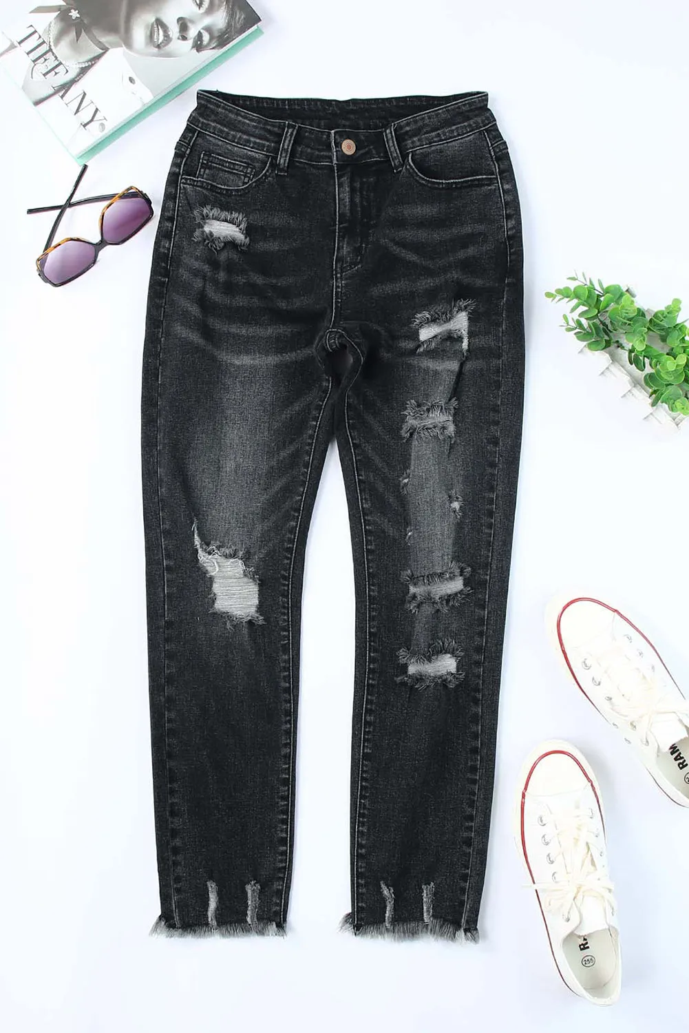 Women's Distressed Boyfriend Denim Pants Raw Hem Ripped Jeans Pants