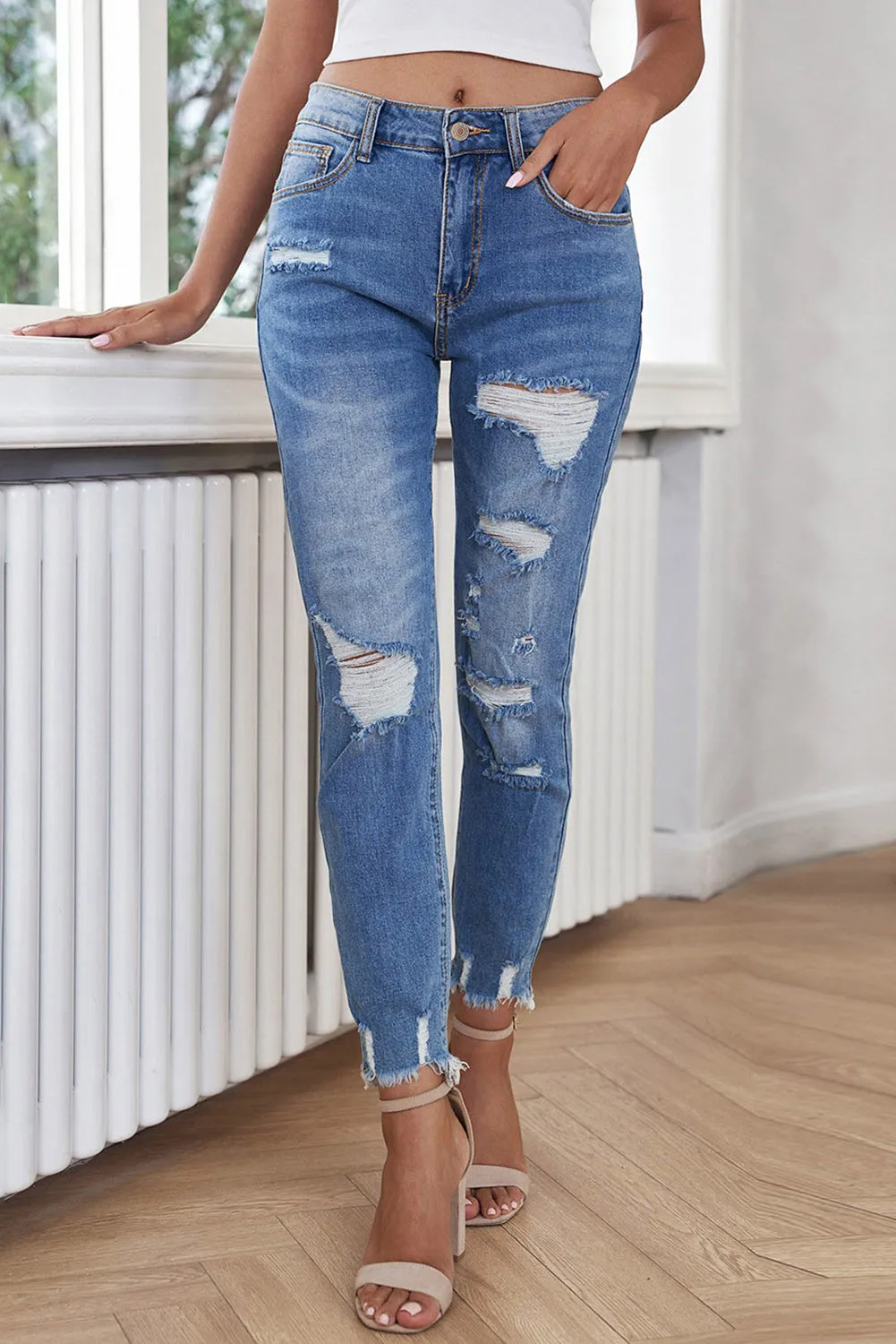 Women's Distressed Boyfriend Denim Pants Raw Hem Ripped Jeans Pants