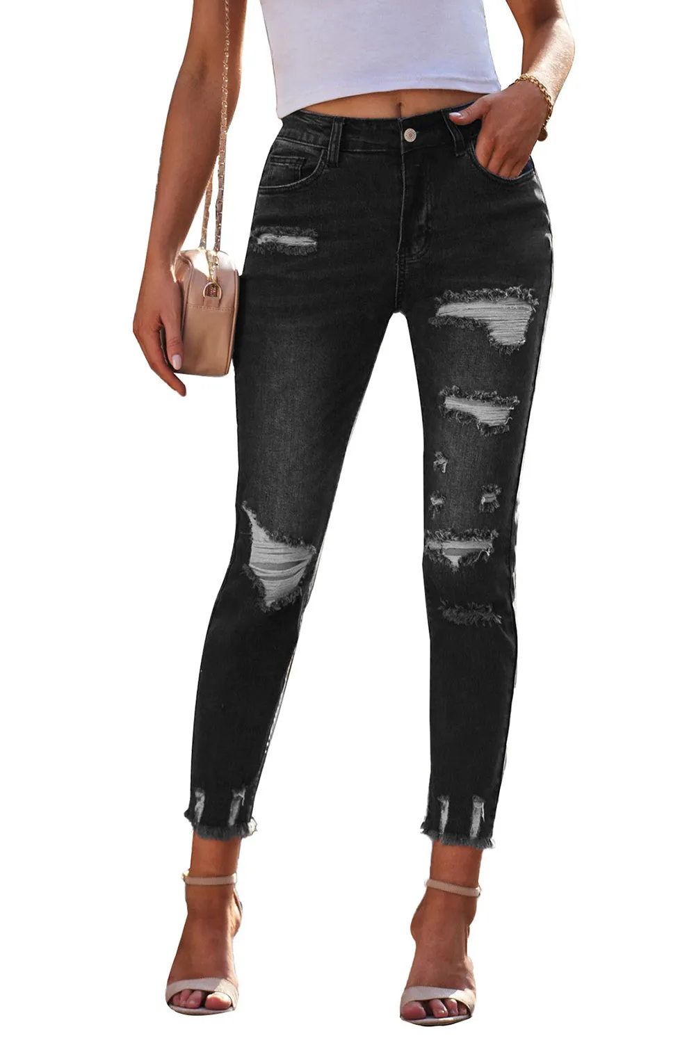 Women's Distressed Boyfriend Denim Pants Raw Hem Ripped Jeans Pants