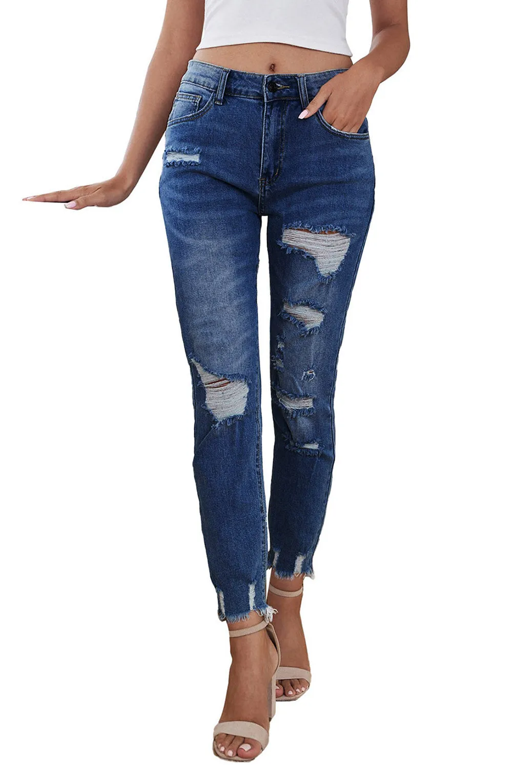 Women's Distressed Boyfriend Denim Pants Raw Hem Ripped Jeans Pants