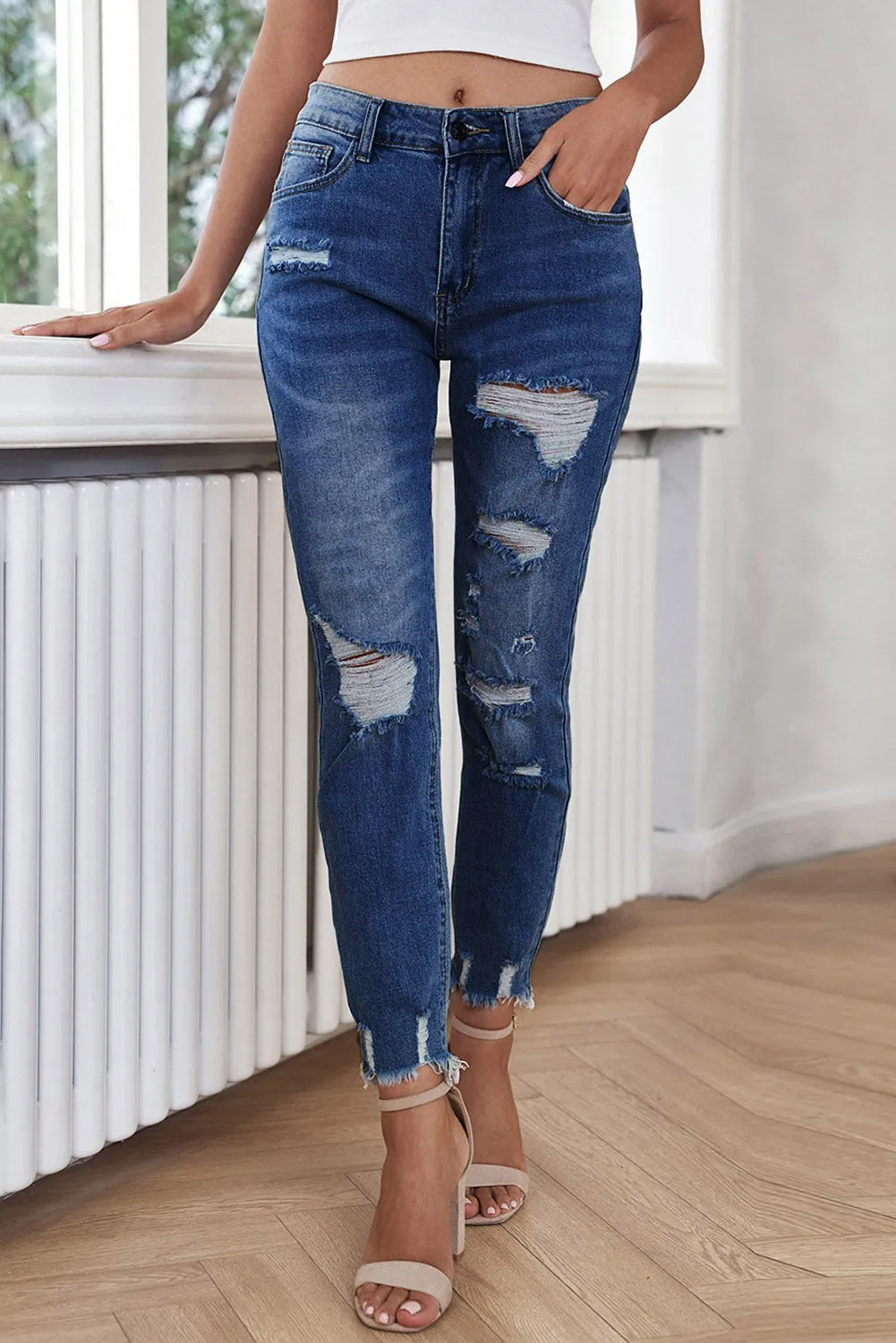 Women's Distressed Boyfriend Denim Pants Raw Hem Ripped Jeans Pants