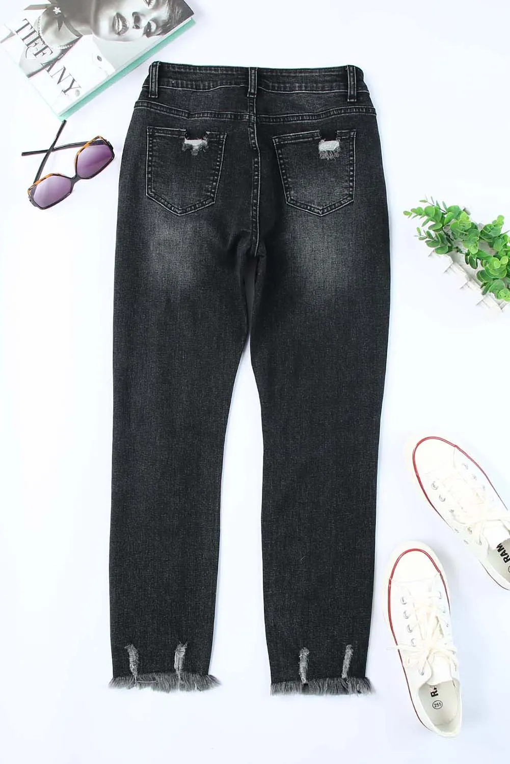 Women's Distressed Boyfriend Denim Pants Raw Hem Ripped Jeans Pants