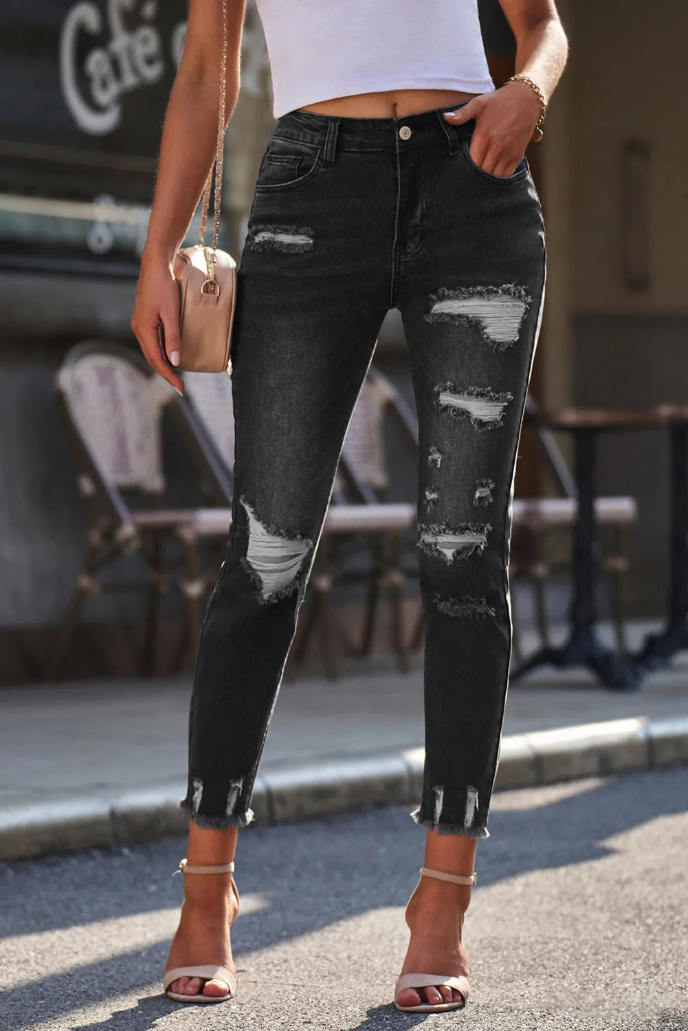 Women's Distressed Boyfriend Denim Pants Raw Hem Ripped Jeans Pants