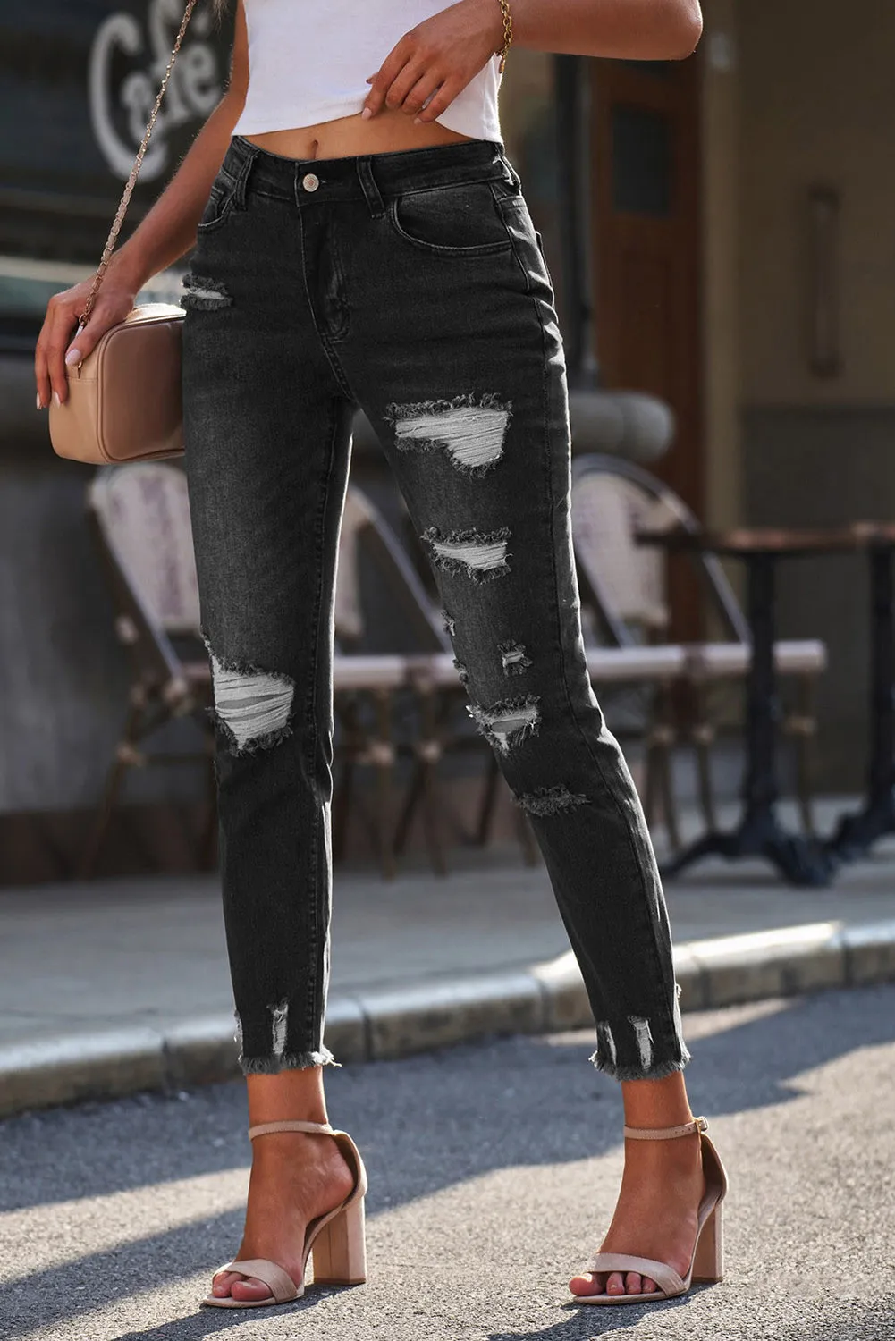 Women's Distressed Boyfriend Denim Pants Raw Hem Ripped Jeans Pants