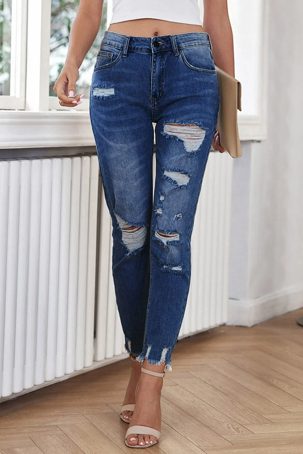 Women's Distressed Boyfriend Denim Pants Raw Hem Ripped Jeans Pants