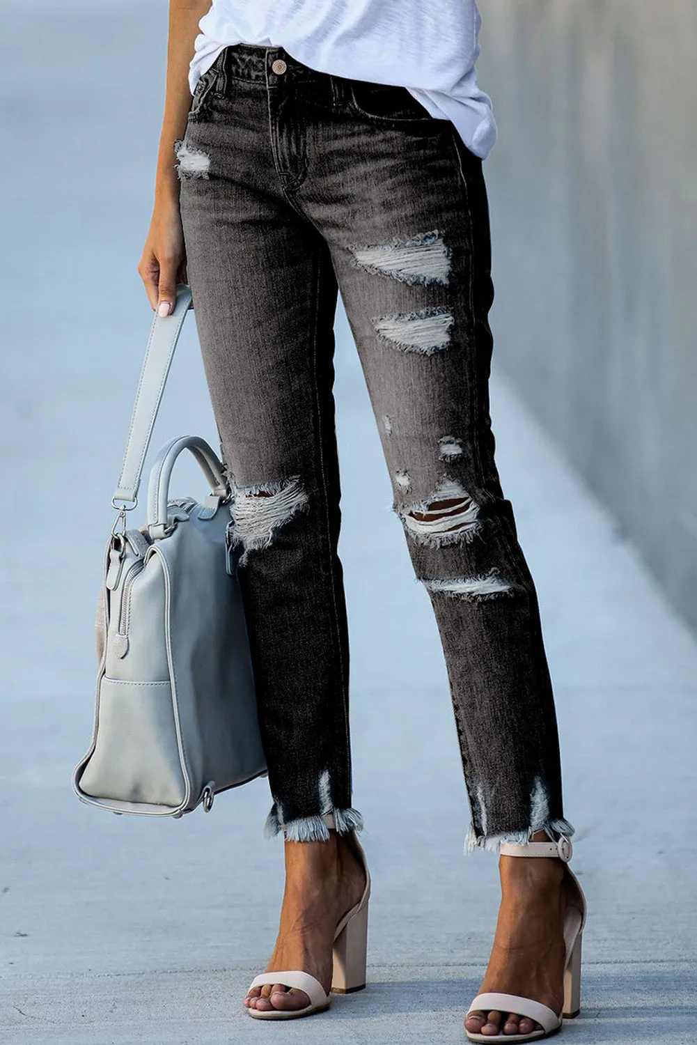 Women's Distressed Boyfriend Denim Pants Raw Hem Ripped Jeans Pants