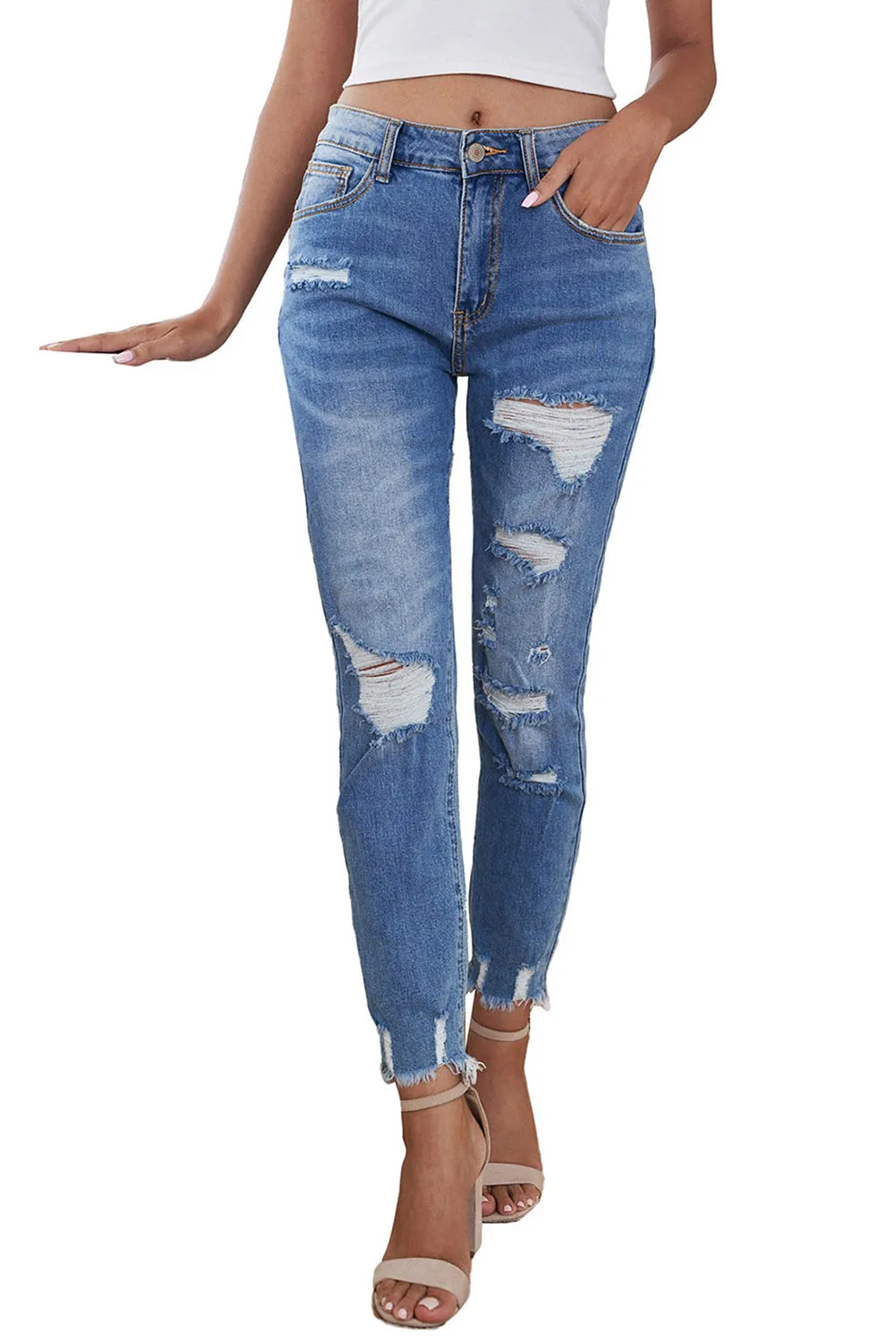 Women's Distressed Boyfriend Denim Pants Raw Hem Ripped Jeans Pants