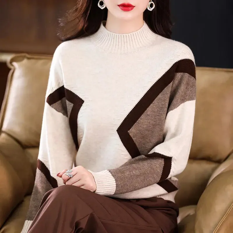 Women's Half Turtleneck Loose-fitting Versatile Sweater Color Matching Knitted Bottoming Shirt