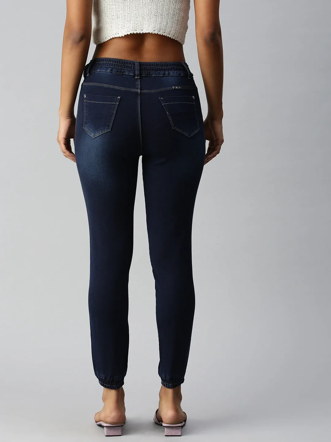 Women's Navy Blue Solid Denim Jeans