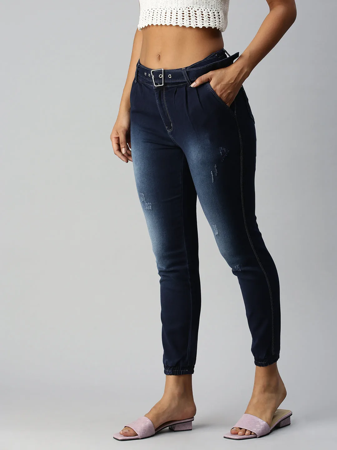 Women's Navy Blue Solid Denim Jeans