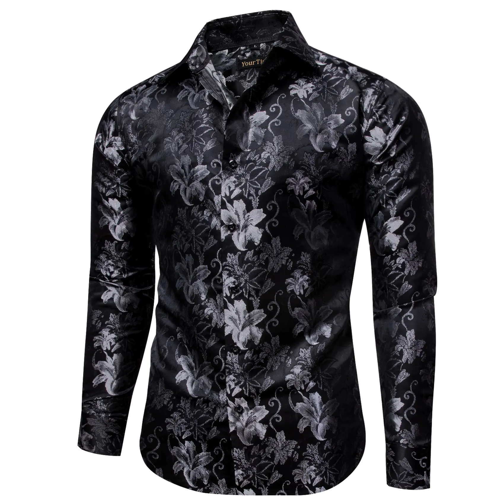 YourTies Lily Pattern Shirt for Men Black Long Sleeve Silk Dress Shirt