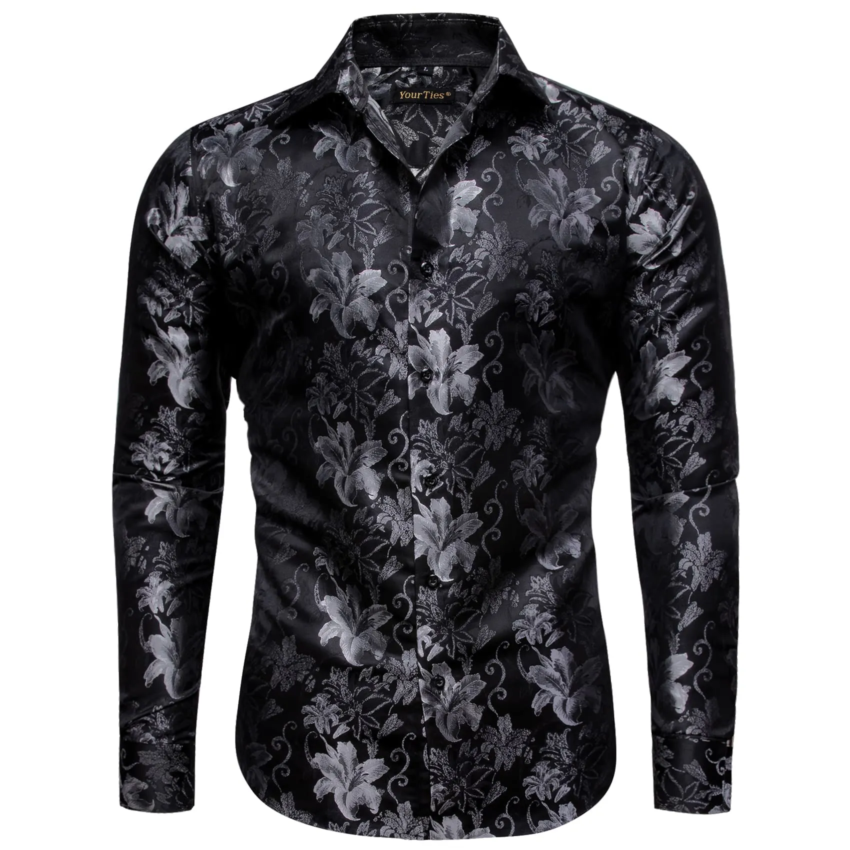 YourTies Lily Pattern Shirt for Men Black Long Sleeve Silk Dress Shirt