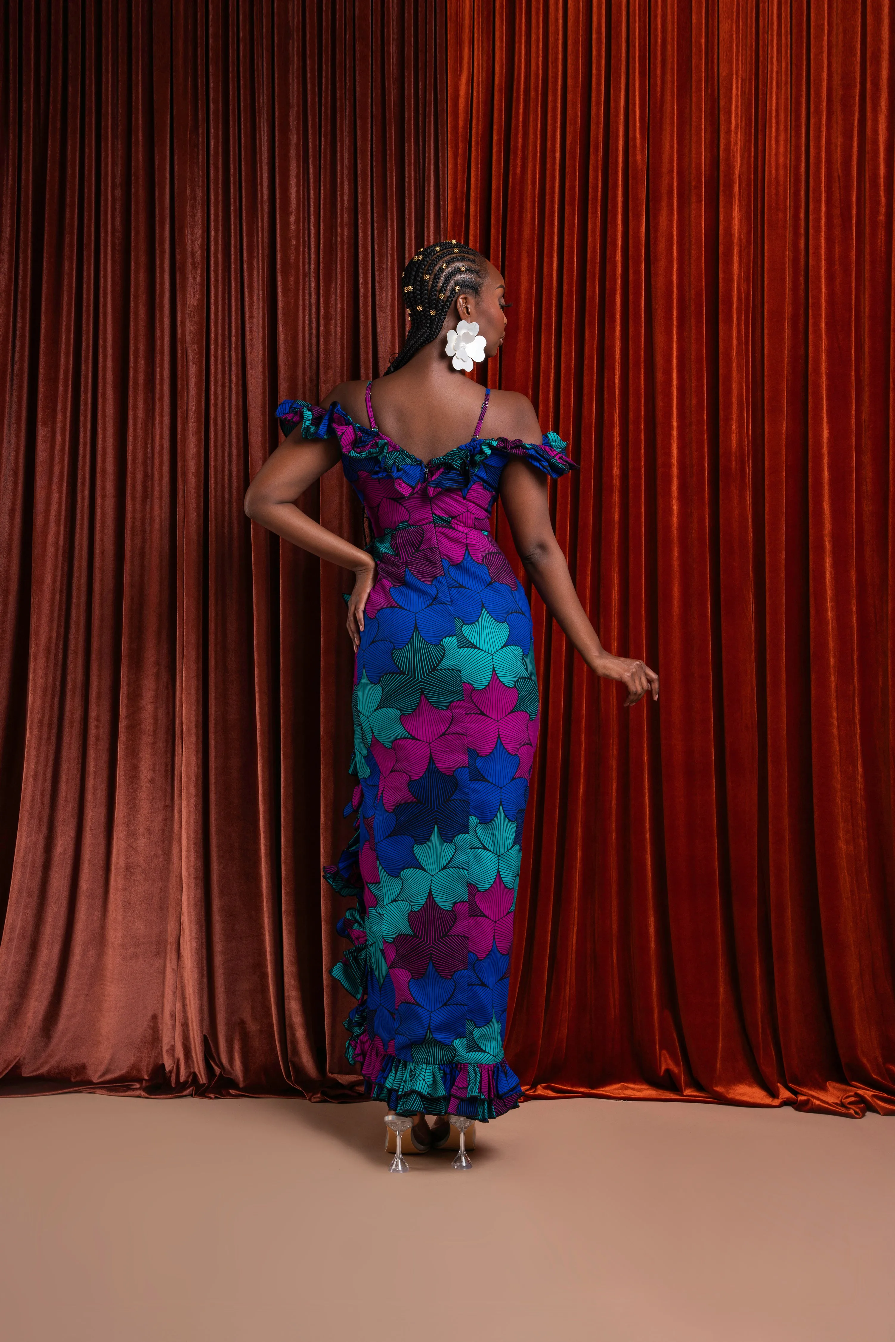 ZURI Off shoulder Ruffle African Print Maxi Dress