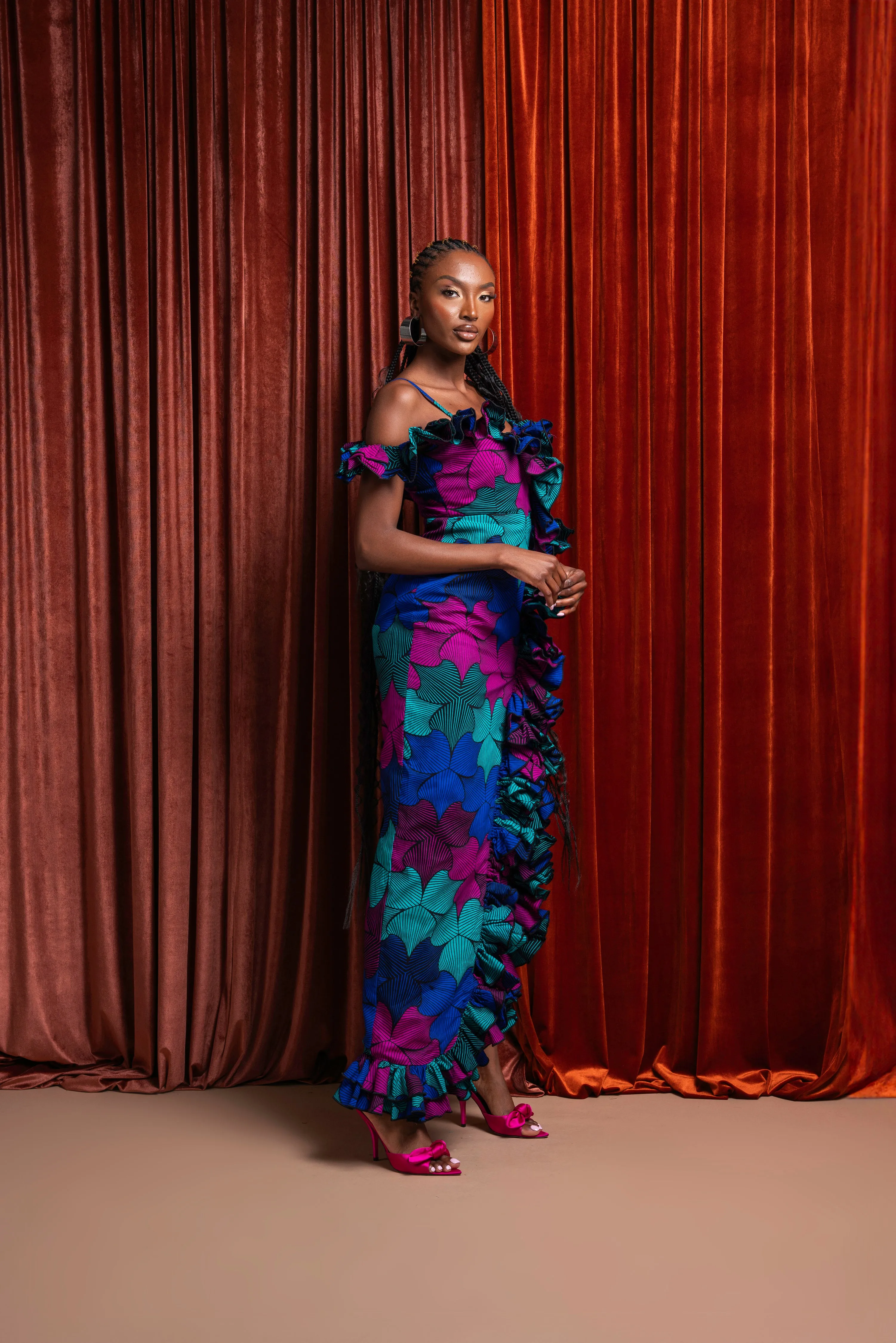 ZURI Off shoulder Ruffle African Print Maxi Dress